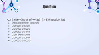 *22. Binary Codes of what? (In-Exhaustive list)
● 01110000 01110011 00001010
● 01000001 01101001
● 01010000 01110010
● 01000100 01010111
● 01001100 01110010
● 01000001 01100101
● 01000010 01110010
Question
 