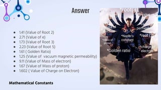 ● 1.41 (Value of Root 2)
● 2.71 (Value of e)
● 1.73 (Value of Root 3)
● 2.23 (Value of Root 5)
● 1.61 ( Golden Ratio)
● 1.25 (Value of vacuum magnetic permeability)
● 9.11 (Value of Mass of electron)
● 1.67 (Value of Mass of proton)
● 1.602 ( Value of Charge on Electron)
Answer
Mathematical Constants
 