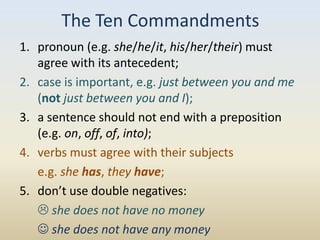 The Ten Commandments
1. pronoun (e.g. she/he/it, his/her/their) must
   agree with its antecedent;
2. case is important, e.g. just between you and me
   (not just between you and I);
3. a sentence should not end with a preposition
   (e.g. on, off, of, into);
4. verbs must agree with their subjects
   e.g. she has, they have;
5. don’t use double negatives:
    she does not have no money
    she does not have any money
 