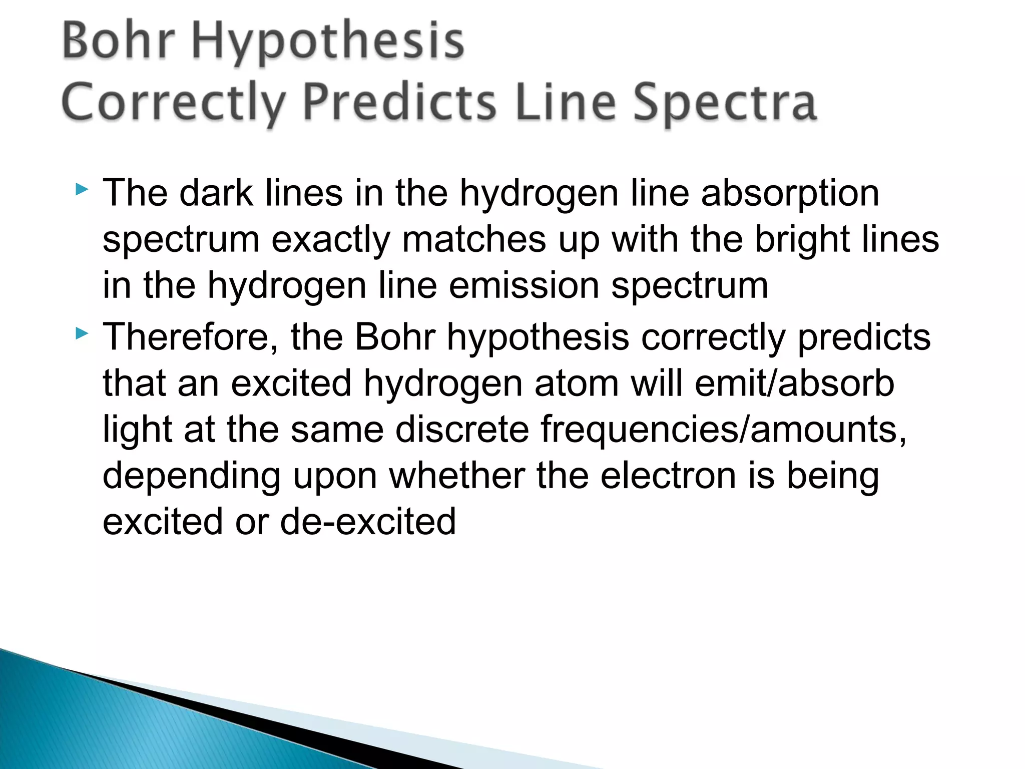  The dark lines in the hydrogen line absorption
spectrum exactly matches up with the bright lines
in the hydrogen line emission spectrum
 Therefore, the Bohr hypothesis correctly predicts
that an excited hydrogen atom will emit/absorb
light at the same discrete frequencies/amounts,
depending upon whether the electron is being
excited or de-excited
Section 9.3
 