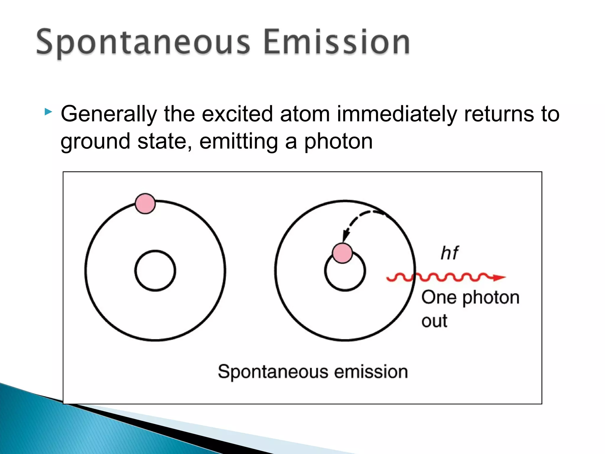  Generally the excited atom immediately returns to
ground state, emitting a photon
Section 9.4
 