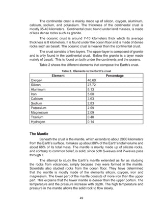 49
The continental crust is mainly made up of silicon, oxygen, aluminum,
calcium, sodium, and potassium. The thickness of the continental crust is
mostly 35-40 kilometers. Continental crust, found under land masses, is made
of less dense rocks such as granite.
The oceanic crust is around 7-10 kilometers thick which its average
thickness is 8 kilometers. It is found under the ocean floor and is made of dense
rocks such as basalt. The oceanic crust is heavier than the continental crust.
The crust consists of two layers. The upper layer is composed of granite
and is only found in the continental crust. Below the granite is a layer made
mainly of basalt. This is found on both under the continents and the oceans.
Table 2 shows the different elements that compose the Earth’s crust.
Table 2. Elements in the Earth’s crust
Element Percentage
Oxygen 46.60
Silicon 27.72
Aluminum 8.13
Iron 5.00
Calcium 3.63
Sodium 2.83
Potassium 2.59
Magnesium 2.09
Titanium 0.40
Hydrogen 0.14
The Mantle
Beneath the crust is the mantle, which extends to about 2900 kilometers
from the Earth’s surface. It makes up about 80% of the Earth’s total volume and
about 68% of its total mass. The mantle is mainly made up of silicate rocks,
and contrary to common belief, is solid, since both S-waves and P-waves pass
through it.
The attempt to study the Earth’s mantle extended as far as studying
the rocks from volcanoes, simply because they were formed in the mantle.
Scientists also studied rocks from the ocean floor. They have determined
that the mantle is mostly made of the elements silicon, oxygen, iron and
magnesium. The lower part of the mantle consists of more iron than the upper
part. This explains that the lower mantle is denser than the upper portion. The
temperature and the pressure increase with depth. The high temperature and
pressure in the mantle allows the solid rock to flow slowly.
 