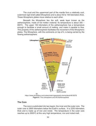 50
The crust and the uppermost part of the mantle form a relatively cool,
outermost rigid shell called lithosphere and is about 50 to 100 kilometers thick.
These lithospheric plates move relative to each other.
Beneath the lithosphere lies the soft, weak layer known as the
asthenosphere, made of hot molten material. Its temperature is about 300 –
800o
C. The upper 150 kilometers of the asthenosphere has a temperature
enough to facilitate a small amount of melting, and make it capable to flow.
This property of the asthenosphere facilitates the movement of the lithospheric
plates. The lithosphere, with the continents on top of it, is being carried by the
flowing asthenosphere.
https://www.studyblue.com/notes/note/n/geography-terms/deck/4616076
Figure 6. The Lithosphere and the Asthenosphere
The Core
The core is subdivided into two layers: the inner and the outer core. The
outer core is 2900 kilometers below the Earth’s surface. It is 2250 kilometers
thick and is made up of iron and nickel. The temperature in the outer core
reaches up to 2000o
C at this very high temperature, iron and nickel melt.
 