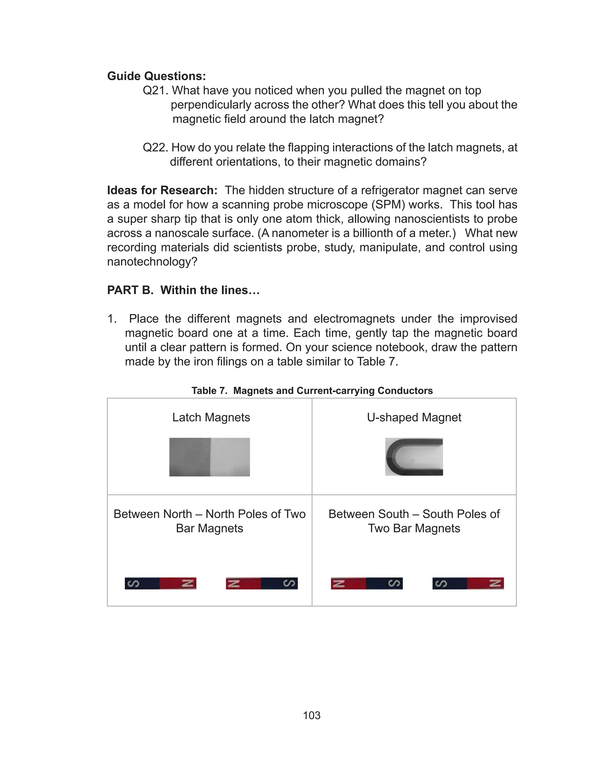 103
Guide Questions:
	 Q21. What have you noticed when you pulled the magnet on top
	 perpendicularly across the other? What does this tell you about the
	 magnetic field around the latch magnet?
	 Q22. How do you relate the flapping interactions of the latch magnets, at
different orientations, to their magnetic domains?
Ideas for Research: The hidden structure of a refrigerator magnet can serve
as a model for how a scanning probe microscope (SPM) works. This tool has
a super sharp tip that is only one atom thick, allowing nanoscientists to probe
across a nanoscale surface. (A nanometer is a billionth of a meter.) What new
recording materials did scientists probe, study, manipulate, and control using
nanotechnology?
PART B. Within the lines…
1. Place the different magnets and electromagnets under the improvised
magnetic board one at a time. Each time, gently tap the magnetic board
until a clear pattern is formed. On your science notebook, draw the pattern
made by the iron filings on a table similar to Table 7.
Table 7. Magnets and Current-carrying Conductors
Latch Magnets U-shaped Magnet
Between North – North Poles of Two
Bar Magnets
Between South – South Poles of
Two Bar Magnets
 