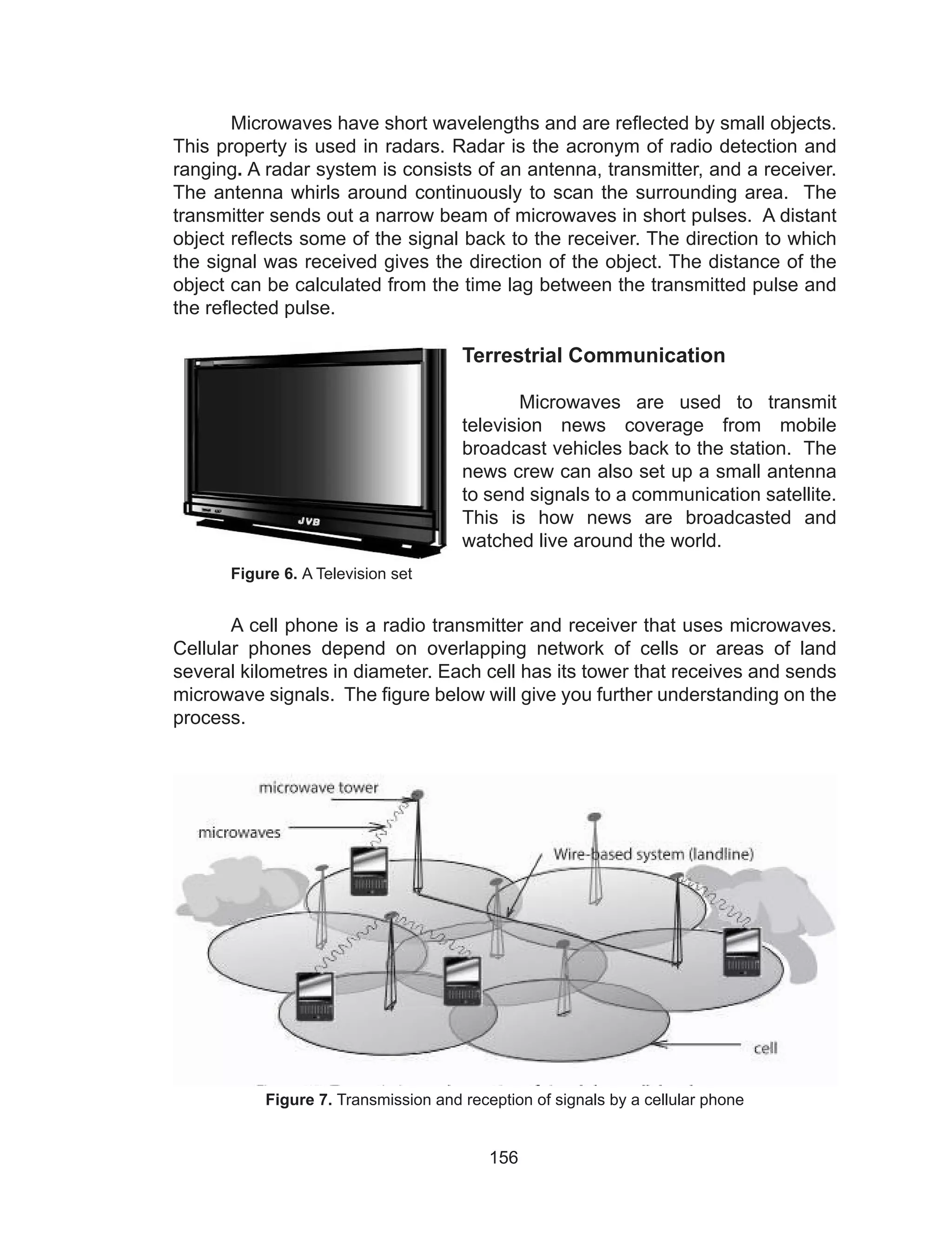 156
	 Microwaves have short wavelengths and are reflected by small objects.
This property is used in radars. Radar is the acronym of radio detection and
ranging. A radar system is consists of an antenna, transmitter, and a receiver.
The antenna whirls around continuously to scan the surrounding area. The
transmitter sends out a narrow beam of microwaves in short pulses. A distant
object reflects some of the signal back to the receiver. The direction to which
the signal was received gives the direction of the object. The distance of the
object can be calculated from the time lag between the transmitted pulse and
the reflected pulse.
Terrestrial Communication
	 Microwaves are used to transmit
television news coverage from mobile
broadcast vehicles back to the station. The
news crew can also set up a small antenna
to send signals to a communication satellite.
This is how news are broadcasted and
watched live around the world.
	 Figure 6. A Television set
	 A cell phone is a radio transmitter and receiver that uses microwaves.
Cellular phones depend on overlapping network of cells or areas of land
several kilometres in diameter. Each cell has its tower that receives and sends
microwave signals. The figure below will give you further understanding on the
process.
Figure 7. Transmission and reception of signals by a cellular phone
 