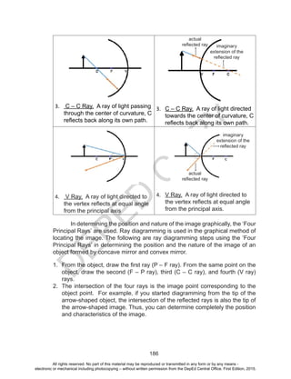 D
EPED
C
O
PY
186
3.	 C – C Ray. A ray of light passing
through the center of curvature, C
reflects back along its own path.
3.	 C – C Ray. A ray of light directed
towards the center of curvature, C
reflects back along its own path.
4.	 V Ray. A ray of light directed to
the vertex reflects at equal angle
from the principal axis
4.	 V Ray. A ray of light directed to
the vertex reflects at equal angle
from the principal axis.
In determining the position and nature of the image graphically, the ‘Four
Principal Rays’ are used. Ray diagramming is used in the graphical method of
locating the image. The following are ray diagramming steps using the ‘Four
Principal Rays’ in determining the position and the nature of the image of an
object formed by concave mirror and convex mirror.
1.	 From the object, draw the first ray (P – F ray). From the same point on the
object, draw the second (F – P ray), third (C – C ray), and fourth (V ray)
rays.
2.	 The intersection of the four rays is the image point corresponding to the
object point. For example, if you started diagramming from the tip of the
arrow-shaped object, the intersection of the reflected rays is also the tip of
the arrow-shaped image. Thus, you can determine completely the position
and characteristics of the image.
actual
reflected ray imaginary
extension of the
reflected ray
imaginary
extension of the
reflected ray
actual
reflected ray
All rights reserved. No part of this material may be reproduced or transmitted in any form or by any means -
electronic or mechanical including photocopying – without written permission from the DepEd Central Office. First Edition, 2015.
 