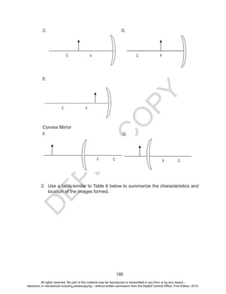 D
EPED
C
O
PY
188
C. D.
E.
Convex Mirror
F. G.
				
2.	 Use a table similar to Table 6 below to summarize the characteristics and
location of the images formed.
All rights reserved. No part of this material may be reproduced or transmitted in any form or by any means -
electronic or mechanical including photocopying – without written permission from the DepEd Central Office. First Edition, 2015.
 