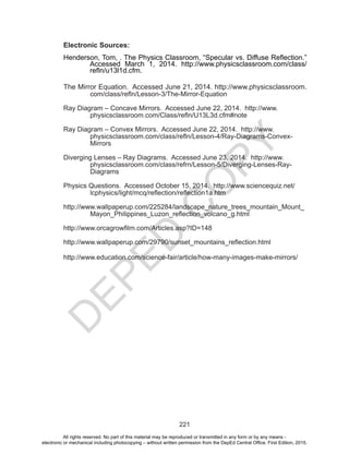 D
EPED
C
O
PY
221
Electronic Sources:
Henderson, Tom, . The Physics Classroom, “Specular vs. Diffuse Reflection.”
Accessed March 1, 2014. http://www.physicsclassroom.com/class/
refln/u13l1d.cfm.
The Mirror Equation. Accessed June 21, 2014. http://www.physicsclassroom.
com/class/refln/Lesson-3/The-Mirror-Equation
Ray Diagram – Concave Mirrors. Accessed June 22, 2014. http://www.
physicsclassroom.com/Class/refln/U13L3d.cfm#note
Ray Diagram – Convex Mirrors. Accessed June 22, 2014. http://www.
physicsclassroom.com/class/refln/Lesson-4/Ray-Diagrams-Convex-
Mirrors
Diverging Lenses – Ray Diagrams. Accessed June 23, 2014. http://www.
physicsclassroom.com/class/refrn/Lesson-5/Diverging-Lenses-Ray-
Diagrams
Physics Questions. Accessed October 15, 2014. http://www.sciencequiz.net/
lcphysics/light/mcq/reflection/reflection1a.htm
http://www.wallpaperup.com/225284/landscape_nature_trees_mountain_Mount_
Mayon_Philippines_Luzon_reflection_volcano_g.html
http://www.orcagrowfilm.com/Articles.asp?ID=148
http://www.wallpaperup.com/29790/sunset_mountains_reflection.html
http://www.education.com/science-fair/article/how-many-images-make-mirrors/
All rights reserved. No part of this material may be reproduced or transmitted in any form or by any means -
electronic or mechanical including photocopying – without written permission from the DepEd Central Office. First Edition, 2015.
 