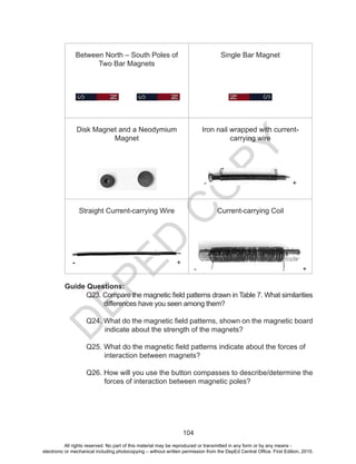 D
EPED
C
O
PY
104
Between North – South Poles of
Two Bar Magnets
Single Bar Magnet
Disk Magnet and a Neodymium
Magnet
Iron nail wrapped with current-
carrying wire
- +
Straight Current-carrying Wire
- +
Current-carrying Coil
- +
Guide Questions:
	 Q23. Compare the magnetic field patterns drawn in Table 7. What similarities
	 differences have you seen among them?
	Q24. What do the magnetic field patterns, shown on the magnetic board
indicate about the strength of the magnets?
	 Q25. What do the magnetic field patterns indicate about the forces of
	 interaction between magnets?
	 Q26. How will you use the button compasses to describe/determine the
	 forces of interaction between magnetic poles?
All rights reserved. No part of this material may be reproduced or transmitted in any form or by any means -
electronic or mechanical including photocopying – without written permission from the DepEd Central Office. First Edition, 2015.
 