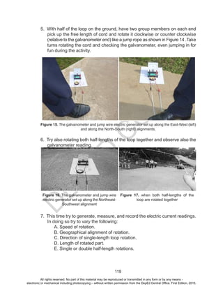 D
EPED
C
O
PY
119
5. With half of the loop on the ground, have two group members on each end
pick up the free length of cord and rotate it clockwise or counter clockwise
(relative to the galvanometer end) like a jump rope as shown in Figure 14 .Take
turns rotating the cord and checking the galvanometer, even jumping in for
fun during the activity.
Figure 15. The galvanometer and jump wire electric generator set up along the East-West (left)
and along the North-South (right) alignments.
6. Try also rotating both half-lengths of the loop together and observe also the
galvanometer reading.
Figure 16. The galvanometer and jump wire
electric generator set up along the Northeast-
Southwest alignment
Figure 17. when both half-lengths of the
loop are rotated together
7. This time try to generate, measure, and record the electric current readings.
In doing so try to vary the following:
A. Speed of rotation.
B. Geographical alignment of rotation.
C. Direction of single-length loop rotation.
D. Length of rotated part.
E. Single or double half-length rotations.
All rights reserved. No part of this material may be reproduced or transmitted in any form or by any means -
electronic or mechanical including photocopying – without written permission from the DepEd Central Office. First Edition, 2015.
 