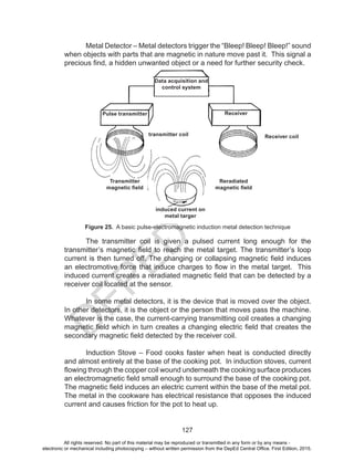 D
EPED
C
O
PY
127
	 Metal Detector – Metal detectors trigger the “Bleep! Bleep! Bleep!” sound
when objects with parts that are magnetic in nature move past it. This signal a
precious find, a hidden unwanted object or a need for further security check.
Figure 25. A basic pulse-electromagnetic induction metal detection technique
	 The transmitter coil is given a pulsed current long enough for the
transmitter’s magnetic field to reach the metal target. The transmitter’s loop
current is then turned off. The changing or collapsing magnetic ﬁeld induces
an electromotive force that induce charges to flow in the metal target. This
induced current creates a reradiated magnetic field that can be detected by a
receiver coil located at the sensor.
	 In some metal detectors, it is the device that is moved over the object.
In other detectors, it is the object or the person that moves pass the machine.
Whatever is the case, the current-carrying transmitting coil creates a changing
magnetic field which in turn creates a changing electric field that creates the
secondary magnetic field detected by the receiver coil.
	 Induction Stove – Food cooks faster when heat is conducted directly
and almost entirely at the base of the cooking pot. In induction stoves, current
flowing through the copper coil wound underneath the cooking surface produces
an electromagnetic field small enough to surround the base of the cooking pot.
The magnetic field induces an electric current within the base of the metal pot.
The metal in the cookware has electrical resistance that opposes the induced
current and causes friction for the pot to heat up.
Data acquisition and
control system
ReceiverPulse transmitter
Transmitter
magnetic field
transmitter coil Receiver coil
Reradiated
magnetic field
induced current on
metal targer
All rights reserved. No part of this material may be reproduced or transmitted in any form or by any means -
electronic or mechanical including photocopying – without written permission from the DepEd Central Office. First Edition, 2015.
 