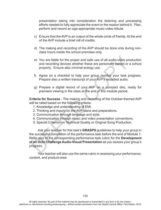 D
EPED
C
O
PY
130
presentation taking into consideration the listening and processing
efforts needed to fully appreciate the event or the reason behind it. Plan,
perform and record an age-appropriate music-video tribute.
c)	 Ensure that the AVP is an output of the whole circle of friends. At the end
of the AVP include a brief roll of credits.
d)	 The making and recording of the AVP should be done only during non-
class hours inside the school premises only.
e)	 You are liable for the proper and safe use of all audio-video production
and recording devices whether these are personally owned or a school
property. Ensure also minimal energy use.
f)	 Agree on a checklist to help your group monitor your task progress.
Prepare also a written transcript of your AVP’s recorded audio.
g)	 Prepare a digital record of your AVP on a compact disc, ready for
premiere viewing in the class at the end of this module period.
Criteria for Success - The making and recording of the October-themed AVP
will be rated based on the following criteria:
1. Knowledge and understanding of EMI.
2. Thinking and inquiry on the AVP plans and preparations.
3. Communication through language and style.
4. Communication through music and video presentation conventions.
5. Special Criterion on Technical Quality or Original Song Production.
Ask your teacher for this task’s GRASPS guidelines to help your group in
the successful completion of the performance task before the end of Module 1.
Refer also to the corresponding performance task rubric for the Development
of an Octo Challenge Audio-Visual Presentation as you assess your group’s
progress.
Your teacher will also use the same rubric in assessing your performance,
content, and product-wise.
All rights reserved. No part of this material may be reproduced or transmitted in any form or by any means -
electronic or mechanical including photocopying – without written permission from the DepEd Central Office. First Edition, 2015.
 