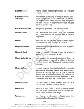 D
EPED
C
O
PY
139
Electromagnet	 magnet whose magnetic properties are produced
by electric current
Electromagnetic	 phenomenon of inducing a voltage in a conductor
induction 	 by changing the magnetic field near the conductor.
If a magnetic field within a closed loop changes in
any way, a voltage or electromotive force is induced
(produced) in the loop
Electromotive force	 voltage that gives rise to an electric current	
Galvanometer	 low resistance instrument used to measure
very small currents, its direction and its relative
magnitude
Magnet	 object that has the magnetic ability to attract objects
made of iron or other magnetic substance
Magnetic Domain	 microscopic grouping of atoms with their magnetic
field aligned
Magnetic field	 region of magnetic influence around the magnetic
poles and moving charged particles
Magnetic field lines	 lines showing the shape of a magnetic field. A
compass placed on such a line will turn so that the
needle is aligned with it because of electromagnetic
induction
Magnetic force	 between magnets, it is attraction of unlike magnetic
poles and the repulsion between like magnetic poles;
between a magnetic field and a moving charged
particle, it is a deflecting force due to the motion of the
particle; the deflecting force is perpendicular to both
the magnetic field lines and the direction of motion
Magnetic poles	 magnetic south or north seeking regions on a
magnet that produces magnetic forces
Magnetism	 property of being able to attract objects made of
naturally occurring magnetic substances like iron,
nickel, cobalt or some of its alloys
Transformer	 can step-up or step-down voltages using the
principles of electromagnetic induction
All rights reserved. No part of this material may be reproduced or transmitted in any form or by any means -
electronic or mechanical including photocopying – without written permission from the DepEd Central Office. First Edition, 2015.
 