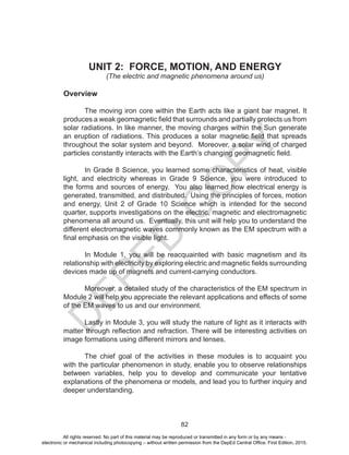 D
EPED
C
O
PY
82
UNIT 2: FORCE, MOTION, AND ENERGY
(The electric and magnetic phenomena around us)
Overview
	 The moving iron core within the Earth acts like a giant bar magnet. It
produces a weak geomagnetic field that surrounds and partially protects us from
solar radiations. In like manner, the moving charges within the Sun generate
an eruption of radiations. This produces a solar magnetic field that spreads
throughout the solar system and beyond. Moreover, a solar wind of charged
particles constantly interacts with the Earth’s changing geomagnetic field.
In Grade 8 Science, you learned some characteristics of heat, visible
light, and electricity whereas in Grade 9 Science, you were introduced to
the forms and sources of energy. You also learned how electrical energy is
generated, transmitted, and distributed. Using the principles of forces, motion
and energy, Unit 2 of Grade 10 Science which is intended for the second
quarter, supports investigations on the electric, magnetic and electromagnetic
phenomena all around us. Eventually, this unit will help you to understand the
different electromagnetic waves commonly known as the EM spectrum with a
final emphasis on the visible light.
In Module 1, you will be reacquainted with basic magnetism and its
relationship with electricity by exploring electric and magnetic fields surrounding
devices made up of magnets and current-carrying conductors.
Moreover, a detailed study of the characteristics of the EM spectrum in
Module 2 will help you appreciate the relevant applications and effects of some
of the EM waves to us and our environment.
Lastly in Module 3, you will study the nature of light as it interacts with
matter through reflection and refraction. There will be interesting activities on
image formations using different mirrors and lenses.
The chief goal of the activities in these modules is to acquaint you
with the particular phenomenon in study, enable you to observe relationships
between variables, help you to develop and communicate your tentative
explanations of the phenomena or models, and lead you to further inquiry and
deeper understanding.
All rights reserved. No part of this material may be reproduced or transmitted in any form or by any means -
electronic or mechanical including photocopying – without written permission from the DepEd Central Office. First Edition, 2015.
 