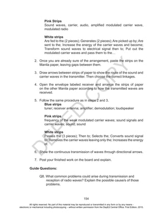 D
EPED
C
O
PY
154
Pink Strips
Sound waves, carrier, audio, amplified modulated carrier wave,
modulated radio
White strips
Are fed to the (2 pieces); Generates (2 pieces); Are picked up by; Are
sent to the; Increase the energy of the carrier waves and become;
Transform sound waves to electrical signal then to; Put out the
modulated carrier waves and pass them to the…
2.	 Once you are already sure of the arrangement, paste the strips on the
Manila paper, leaving gaps between them.
3.	 Draw arrows between strips of paper to show the route of the sound and
carrier waves in the transmitter. Then choose the correct linkages.
4.	 Open the envelope labeled receiver and arrange the strips of paper
on the other Manila paper according to how the transmitted waves are
received.
5.	 Follow the same procedure as in steps 2 and 3.
Blue strips
tuner; receiver antenna; amplifier; demodulation; loudspeaker
Pink strips
frequency of the weak modulated carrier waves; sound signals and
carrier waves; sound; sound
White strips
Passes the (3 pieces); Then to; Selects the; Converts sound signal
to; Removes the carrier waves leaving only the; Increases the energy
of.
6.	 Show the continuous transmission of waves through directional arrows.
7.	 Post your finished work on the board and explain.
Guide Questions:
	 Q8. What common problems could arise during transmission and
reception of radio waves? Explain the possible cause/s of those
problems.
All rights reserved. No part of this material may be reproduced or transmitted in any form or by any means -
electronic or mechanical including photocopying – without written permission from the DepEd Central Office. First Edition, 2015.
 
