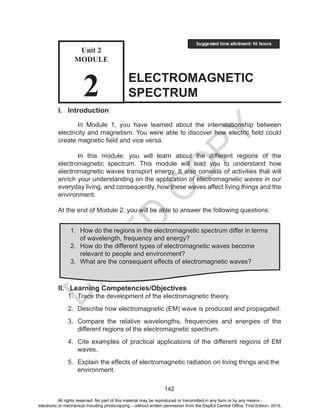 D
EPED
C
O
PY
142
I. Introduction
	 In Module 1, you have learned about the interrelationship between
electricity and magnetism. You were able to discover how electric field could
create magnetic field and vice versa.
	 In this module, you will learn about the different regions of the
electromagnetic spectrum. This module will lead you to understand how
electromagnetic waves transport energy. It also consists of activities that will
enrich your understanding on the application of electromagnetic waves in our
everyday living, and consequently, how these waves affect living things and the
environment.
At the end of Module 2, you will be able to answer the following questions:
II. Learning Competencies/Objectives
1.	 Trace the development of the electromagnetic theory.
2.	 Describe how electromagnetic (EM) wave is produced and propagated.
3.	 Compare the relative wavelengths, frequencies and energies of the
different regions of the electromagnetic spectrum.
4.	 Cite examples of practical applications of the different regions of EM
waves.
5.	 Explain the effects of electromagnetic radiation on living things and the
	environment.
ELECTROMAGNETIC
SPECTRUM
1.	 How do the regions in the electromagnetic spectrum differ in terms
	 of wavelength, frequency and energy?
2.	 How do the different types of electromagnetic waves become
	 relevant to people and environment?
3.	 What are the consequent effects of electromagnetic waves?
Unit 2
MODULE
2
All rights reserved. No part of this material may be reproduced or transmitted in any form or by any means -
electronic or mechanical including photocopying – without written permission from the DepEd Central Office. First Edition, 2015.
 