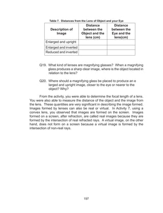 197
Table 7. Distances from the Lens of Object and your Eye
Description of
Image
Distance
between the
Object and the
lens (cm)
Distance
between the
Eye and the
lens(cm)
Enlarged and upright
Enlarged and inverted
Reduced and inverted
Q19. What kind of lenses are magnifying glasses? When a magnifying
glass produces a sharp clear image, where is the object located in
relation to the lens?
Q20. Where should a magnifying glass be placed to produce an e
larged and upright image, closer to the eye or nearer to the
object? Why?
From the activity, you were able to determine the focal length of a lens.
You were also able to measure the distance of the object and the image from
the lens. These quantities are very significant in describing the image formed.
Images formed by lenses can also be real or virtual. In Activity 7, using a
convex lens, you observed that images are formed on the screen. Images
formed on a screen, after refraction, are called real images because they are
formed by the intersection of real refracted rays. A virtual image, on the other
hand, does not form on a screen because a virtual image is formed by the
intersection of non-real rays.
 
