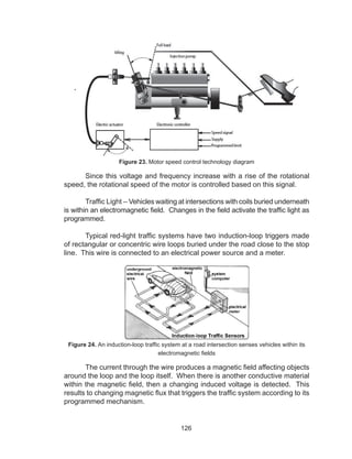 126
Figure 23. Motor speed control technology diagram
	 Since this voltage and frequency increase with a rise of the rotational
speed, the rotational speed of the motor is controlled based on this signal.
	 Traffic Light – Vehicles waiting at intersections with coils buried underneath
is within an electromagnetic field. Changes in the field activate the traffic light as
programmed.
	 Typical red-light traffic systems have two induction-loop triggers made
of rectangular or concentric wire loops buried under the road close to the stop
line. This wire is connected to an electrical power source and a meter.
Figure 24. An induction-loop traffic system at a road intersection senses vehicles within its
electromagnetic fields
	 The current through the wire produces a magnetic field affecting objects
around the loop and the loop itself. When there is another conductive material
within the magnetic field, then a changing induced voltage is detected. This
results to changing magnetic flux that triggers the traffic system according to its
programmed mechanism.
 