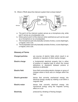 138
15. What is TRUE about the intercom system that is shown below?
a.	 The part A of the intercom system serves as a microphone only, while
part C serves as a loudspeaker only.		
b.	 Either parts A and C of the intercom when switched as such can be used
as a microphone or as a loudspeaker.		
c.	 The microphone part only basically consists of wires, a cone diaphragm,
a magnet, and a coil.		
d.	 The loudspeaker part only basically consists of wires, a cone diaphragm,
a magnet, and a coil.
Glossary of Terms
Charged particles	 are sources of electric fields which result in an
attraction or repulsion of other nearby charges
Electric charge	 a fundamental electrical property that is either
of positive or negative type to which the mutual
attractions or repulsions between protons or
electrons is attributed
Electric field	 force field surrounding electric charges or group of
charges where a force acts on charges within the
field
Electric generator	 device that converts mechanical energy into
electrical energy usually by rotating a coil within a
magnetic field
Electric motor	 device that converts electrical energy into
mechanical energy using the magnetic turning
effect on a coil
Electricity	 produced by vibrating or flowing charges
 