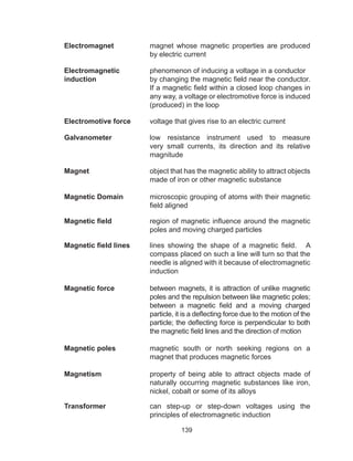 139
Electromagnet	 magnet whose magnetic properties are produced
by electric current
Electromagnetic	 phenomenon of inducing a voltage in a conductor
induction 	 by changing the magnetic field near the conductor.
If a magnetic field within a closed loop changes in
any way, a voltage or electromotive force is induced
(produced) in the loop
Electromotive force	 voltage that gives rise to an electric current	
Galvanometer	 low resistance instrument used to measure
very small currents, its direction and its relative
magnitude
Magnet	 object that has the magnetic ability to attract objects
made of iron or other magnetic substance
Magnetic Domain	 microscopic grouping of atoms with their magnetic
field aligned
Magnetic field	 region of magnetic influence around the magnetic
poles and moving charged particles
Magnetic field lines	 lines showing the shape of a magnetic field. A
compass placed on such a line will turn so that the
needle is aligned with it because of electromagnetic
induction
Magnetic force	 between magnets, it is attraction of unlike magnetic
poles and the repulsion between like magnetic poles;
between a magnetic field and a moving charged
particle, it is a deflecting force due to the motion of the
particle; the deflecting force is perpendicular to both
the magnetic field lines and the direction of motion
Magnetic poles	 magnetic south or north seeking regions on a
magnet that produces magnetic forces
Magnetism	 property of being able to attract objects made of
naturally occurring magnetic substances like iron,
nickel, cobalt or some of its alloys
Transformer	 can step-up or step-down voltages using the
principles of electromagnetic induction
 