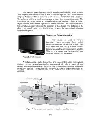 156
	 Microwaves have short wavelengths and are reflected by small objects.
This property is used in radars. Radar is the acronym of radio detection and
ranging. A radar system is consists of an antenna, transmitter, and a receiver.
The antenna whirls around continuously to scan the surrounding area. The
transmitter sends out a narrow beam of microwaves in short pulses. A distant
object reflects some of the signal back to the receiver. The direction to which
the signal was received gives the direction of the object. The distance of the
object can be calculated from the time lag between the transmitted pulse and
the reflected pulse.
Terrestrial Communication
	 Microwaves are used to transmit
television news coverage from mobile
broadcast vehicles back to the station. The
news crew can also set up a small antenna
to send signals to a communication satellite.
This is how news are broadcasted and
watched live around the world.
	 Figure 6. A Television set
	 A cell phone is a radio transmitter and receiver that uses microwaves.
Cellular phones depend on overlapping network of cells or areas of land
several kilometres in diameter. Each cell has its tower that receives and sends
microwave signals. The figure below will give you further understanding on the
process.
Figure 7. Transmission and reception of signals by a cellular phone
 