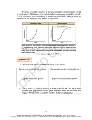 D
EPED
C
O
PY
334
Before a population reaches its carrying capacity, it experiences a period
of rapid growth. This period of growth is called exponential population growth.
During this period, there are plenty of resources available for all organisms, so
more births are recorded than deaths in organisms.
Source: http://cnx.org/content/m47780/1.1/
Think about this!
3. Fill in the differences of the terms in the chart below:
Density-dependent limiting factor Density-independent limiting factor
Logistic population growth Exponential population growth
4.	 The human population is growing at an exponential rate. Since you have
learned that population cannot grow infinitely, what do you think will
happen if the human population reaches its carrying capacity? _______
________________________________________________________
When resources are unlimited, populations exhibit exponential growth, resulting in
a J-shaped curve. When resources are limited, populations exhibit logistic growth.
In logistic growth, population expansion decreases as resources become scarce,
and it levels off when the carrying capacity of the environment is reached, resulting
in a S-shaped curve.
All rights reserved. No part of this material may be reproduced or transmitted in any form or by any means -
electronic or mechanical including photocopying – without written permission from the DepEd Central Office. First Edition, 2015.
 