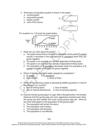 D
EPED
C
O
PY
346
6.	 What type of population growth is shown in the graph:
a.	 normal growth
b.	 exponential growth
c.	 logistic growth
d.	 none of the above
For question no. 7-8 study the graph below.
7.	 What can you infer about the graph?
a.	 The graph shows that an increase in population of the protist P. aurelia
causes a decrease in the population of P. caudatum when they are
grown together.
b.	 The graph is an example of a density-dependent limiting factor.
c.	 The graph is an example of a density-independent limiting factor.
d.	 The population of P. caudatum decreases while the population of P.
aurelia increases when they are grown together.
8.	 Which of the two protists is better adapted to competition?
a.	 P. aurelia		 c. P. caudatum
b.	 Both of them		 d. None of them
9.	 Which of the following causes a decreasing wildlife population in most of
the places in our country?
a.	 loss of limiting factor		 c. loss of habitat
b.	 loss of natural disturbances	 d. loss of carrying capacity
10.	Aperson breeds guinea pigs in a cage.After a few generation, the breeder
observes that the guinea pigs are more aggressive towards each other,
the young are less healthy and more young guinea pigs die. What do
you think will happen to the population of the guinea pigs?
a.	 The population will remain the same.
b.	 The population will increase.
c.	 The population will decrease.
d.	 The population is not affected.
All rights reserved. No part of this material may be reproduced or transmitted in any form or by any means -
electronic or mechanical including photocopying – without written permission from the DepEd Central Office. First Edition, 2015.
 