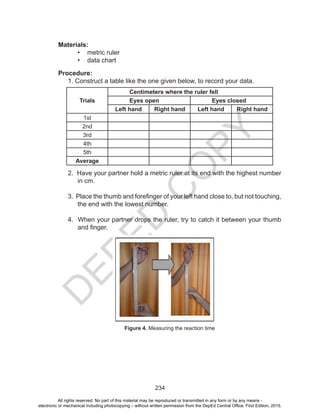 D
EPED
C
O
PY
234
Materials:
•	 metric ruler 		
•	 data chart
Procedure:
1. Construct a table like the one given below, to record your data.
Trials
Centimeters where the ruler fell
Eyes open Eyes closed
Left hand Right hand Left hand Right hand
1st
2nd
3rd
4th
5th
Average
2. Have your partner hold a metric ruler at its end with the highest number
in cm.
3. Place the thumb and forefinger of your left hand close to, but not touching,
the end with the lowest number.
4. When your partner drops the ruler, try to catch it between your thumb
and finger.
Figure 4. Measuring the reaction time
All rights reserved. No part of this material may be reproduced or transmitted in any form or by any means -
electronic or mechanical including photocopying – without written permission from the DepEd Central Office. First Edition, 2015.
 
