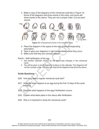 D
EPED
C
O
PY
253
3. Make a copy of the diagrams of the menstrual cycle like in Figure 12.
Some of the diagrams will show events in the ovary, and some will
show events in the uterus. They are not in proper order. Cut out each
square.
4. Place the diagram in the space to the right of the corresponding
description.
5. Tape or glue your diagrams in right places/dates where they occur.
6. Make sure that they are correctly placed.
Part B – With fertilization of the egg
1.	 Get another calendar marked by the day-to-day changes in the menstrual
cycle.
2.	 You will be given a set of diagrams to place on the calendar. The diagrams will
not be in proper order. You may not need all the diagrams that show the uterus.
Guide Questions:
Q30. How long does a regular menstrual cycle last?
Q31. Describe what happens to an egg during the first 14 days of the cycle
in Part A.
Q32. Describe what happens to the egg if fertilization occurs.
Q33. Explain what takes place in the uterus after fertilization.
Q34. Why is it important to study the menstrual cycle?
Figure 12. Unsequenced events in the menstrual cycle
All rights reserved. No part of this material may be reproduced or transmitted in any form or by any means -
electronic or mechanical including photocopying – without written permission from the DepEd Central Office. First Edition, 2015.
 
