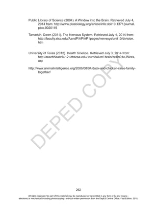 D
EPED
C
O
PY
262
Public Library of Science (2004). A Window into the Brain. Retrieved July 4,
2014 from: http://www.plosbiology.org/article/info:doi/10.1371/journal.
pbio.0020115
Tamarkin, Dawn (2011). The Nervous System. Retrieved July 4, 2014 from:
http://faculty.stcc.edu/AandP/AP/AP1pages/nervssys/unit10/division.
htm
University of Texas (2012). Health Science. Retrieved July 3, 2014 from:
http://teachhealthk-12.uthscsa.edu/ curriculum/ brain/brain01e-Wires.
asp
http://www.animalintelligence.org/2006/08/04/duck-and-chicken-raise-family-
together/
All rights reserved. No part of this material may be reproduced or transmitted in any form or by any means -
electronic or mechanical including photocopying – without written permission from the DepEd Central Office. First Edition, 2015.
 