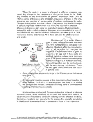 D
EPED
C
O
PY
282
When the code in a gene is changed, a different message may
result. Any change in the sequence of nitrogenous bases in the DNA,
any mistake in the transcription of genetic information from DNA to
RNA or pairing of the codon and anticodon, may cause changes in the kind,
sequence and number of amino acids of proteins synthesized by cells.
Changes in the protein structure or level of expression may lead to changes
in cellular properties and behavior, as a result, the organism is affected.
Changes in the genes can occur for a variety of reasons. Mutation may be
induced by factors called mutagens. Mutagens are commonly in the form of
toxic chemicals, and harmful radiation. Sometimes, mistakes occur in DNA
replication, mitosis, and meiosis. All of these can alter the DNA sequence
and length.
	 Mutations can occur in two different
types of cells: reproductive cells and body
cells. Only mutations in sex cells pass on to
offspring. Mutations affect the reproductive
cells of an organism by changing the
sequence of nucleotides within a gene in
a sperm or an egg cell. If these cells are
fertilized, then the mutated gene becomes
a part of the genetic makeup of the offspring
as shown in Figure 9. If mutation is severe,
the resulting protein may be nonfunctional,
and the embryo may not develop. There
are two types of mutations that can occur
in gamete cells:
Figure 9. Diagram of a cross
with mutated chromosomes
•	 Gene mutation is a permanent change in the DNA sequence that makes
up a gene.
•	 Chromosomal mutation occurs at the chromosome level resulting in
gene deletion, duplication or rearrangement that may occur during
the cell cycle and meiosis. It maybe caused by parts of chromosomes
breaking off or rejoining incorrectly.
Most mutations are harmful. Some mutations in a body cell are known
to cause cancer, while mutations in sex cells can cause birth defects. A
severe mutation may lead to cell death and may have no effect on the body.
Sometimes mutations may be useful for the species. For example, a mutation
in blood proteins prevents viruses or parasites to thrive in host organisms.
Egg cell with 23
chromosomes
Sperm cell with 23
chromosomes
Zygote with 47
chromosomes
All rights reserved. No part of this material may be reproduced or transmitted in any form or by any means -
electronic or mechanical including photocopying – without written permission from the DepEd Central Office. First Edition, 2015.
 