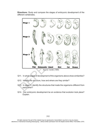 D
EPED
C
O
PY
312
Directions: Study and compare the stages of embryonic development of the
different vertebrates.
Source: Carale (1989)
Q11. In what stages of development of the organisms above show similarities?
Q12. Identify the structure, how and where are they similar?	
Q13. In stage 3, identify the structures that made the organisms different from
each other?
Q14. Can embryonic development be an evidence that evolution took place?
Explain.
All rights reserved. No part of this material may be reproduced or transmitted in any form or by any means -
electronic or mechanical including photocopying – without written permission from the DepEd Central Office. First Edition, 2015.
 