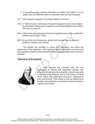 D
EPED
C
O
PY
316
Q19. If the amino acid sequence of the two organisms are similar, would their
DNA be also similar? Why?
Q20. Do you think the chimpanzee, gorilla, and humans have a common
ancestry? Explain your answer.
The greater the similarity in amino acid sequence, the closer the
relationship of the organisms. The organisms which are similar in structure and
also possess similarity at the biochemical level could probably have a common
ancestor.
Theories of Evolution
Jean Baptiste de Lamarck was the first
evolutionist to believe that organisms change over
time. Using fossil records as a guide, Lamarck was able
to develop three theories; one is The Theory of Need
which states that organisms change in response to
their environment. Their ability to survive helped them
develop characteristics necessary for them to adapt in
a given environment.
2.	 In a graphing paper, plot the information on Table 6 and Table 7 in a bar
graph, and use different colors to represent each pairing of species.
Q17. What organism appears to be least related to humans?
Q18. In Tables 6 and 7, which pair of organisms appears to be more related
to each other? Which pair of organisms is the least related to each other?
Why did you say so?
All rights reserved. No part of this material may be reproduced or transmitted in any form or by any means -
electronic or mechanical including photocopying – without written permission from the DepEd Central Office. First Edition, 2015.
 