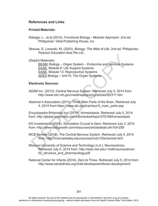 D
EPED
C
O
PY
261
References and Links
Printed Materials:
Rabago, L., et al (2010). Functional Biology - Modular Approach. 2nd ed.
Philippines: Vibal Publishing House, Inc
Strauss, E; Lisowski, M. (2003). Biology: The Web of Life. 2nd ed. Philippines:
Pearson Education Asia Pte Ltd..
(DepEd Materials)
BEAM: Biology – Organ System – Endocrine and Nervous Systems
EASE, Module 9: Life Support Systems
EASE, Module 13: Reproductive Systems
APEX Biology – Unit IV, The Organ Systems
Electronic Sources:
ADAM Inc. (2013). Central Nervous System. Retrieved July 5, 2014 from:
http://www.nlm.nih.gov/medlineplus/ency/article/002311.htm
Alzeimer’s Association (2011). Three Main Parts of the Brain. Retrieved July
4, 2014 from:https://www.alz.org/braintour/3_main_parts.asp
Encyclopedia Britannica Inc. (2014). Homeostasis. Retrieved July 5, 2014
from: http://global.britannica.com/EBchecked/topic/270188/homeostasis
KG Investments (2014). Stimulation Crucial to Devt. Retrieved July 3, 2014
from: http://www.kidsgrowth.com/resources/articledetail.cfm?id=259
MCB Berkely (2014). The Central Nervous System. Retrieved July 4, 2014
from: http://mcb.berkeley.edu/courses/mcb135e/central.html
Missouri University of Science and Technology (n.d.). Neuroscience.
Retrieved July 5, 2014 from: http://web.mst.edu/~rhall/neuroscience/
02_structure_and_pharmacology.pdf
National Center for Infants (2014). Zero to Three. Retrieved July 5, 2014 from:
http://www.zerotothree.org/child-development/brain-development/
All rights reserved. No part of this material may be reproduced or transmitted in any form or by any means -
electronic or mechanical including photocopying – without written permission from the DepEd Central Office. First Edition, 2015.
 