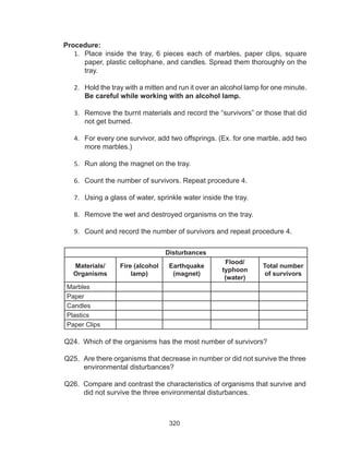320
Procedure:
1.	 Place inside the tray, 6 pieces each of marbles, paper clips, square
paper, plastic cellophane, and candles. Spread them thoroughly on the
tray.
2.	 Hold the tray with a mitten and run it over an alcohol lamp for one minute.
Be careful while working with an alcohol lamp.
3.	 Remove the burnt materials and record the “survivors” or those that did
not get burned.
4.	 For every one survivor, add two offsprings. (Ex. for one marble, add two
more marbles.)
5.	 Run along the magnet on the tray.
6.	 Count the number of survivors. Repeat procedure 4.
7.	 Using a glass of water, sprinkle water inside the tray.
8.	 Remove the wet and destroyed organisms on the tray.
9.	 Count and record the number of survivors and repeat procedure 4.
Disturbances
Materials/
Organisms
Fire (alcohol
lamp)
Earthquake
(magnet)
Flood/
typhoon
(water)
Total number
of survivors
Marbles
Paper
Candles
Plastics
Paper Clips
Q24. Which of the organisms has the most number of survivors?
Q25. Are there organisms that decrease in number or did not survive the three
environmental disturbances?
Q26. Compare and contrast the characteristics of organisms that survive and
did not survive the three environmental disturbances.
 
