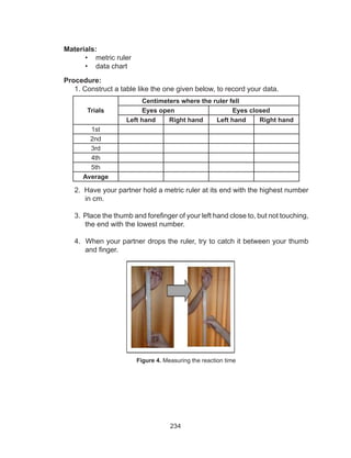 234
Materials:
•	 metric ruler 		
•	 data chart
Procedure:
1. Construct a table like the one given below, to record your data.
Trials
Centimeters where the ruler fell
Eyes open Eyes closed
Left hand Right hand Left hand Right hand
1st
2nd
3rd
4th
5th
Average
2. Have your partner hold a metric ruler at its end with the highest number
in cm.
3. Place the thumb and forefinger of your left hand close to, but not touching,
the end with the lowest number.
4. When your partner drops the ruler, try to catch it between your thumb
and finger.
Figure 4. Measuring the reaction time
 