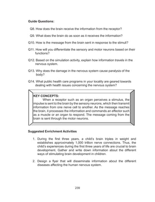 239
Guide Questions:
Q8. How does the brain receive the information from the receptor?
Q9. What does the brain do as soon as it receives the information?
Q10. How is the message from the brain sent in response to the stimuli?
Q11. How will you differentiate the sensory and motor neurons based on their
functions?
Q12. Based on the simulation activity, explain how information travels in the
nervous system.
Q13. Why does the damage in the nervous system cause paralysis of the 		
body?
Q14. What public health care programs in your locality are geared towards
dealing with health issues concerning the nervous system?
Suggested Enrichment Activities
1.	 During the first three years, a child’s brain  triples in weight and
establishes approximately 1,000 trillion nerve connections. Thus, the
child’s experiences during the first three years of life are crucial to brain
development. Gather and write down information about the different
ways of stimulating brain development in children.
2.	 Design a flyer that will disseminate information about the different
diseases affecting the human nervous system.
KEY CONCEPTS:
	 When a receptor such as an organ perceives a stimulus, the
impulse is sent to the brain by the sensory neurons, which then transmit
information from one nerve cell to another. As the message reaches
the brain, it processes the information and commands an effector such
as a muscle or an organ to respond. The message coming from the
brain is sent through the motor neurons.
 