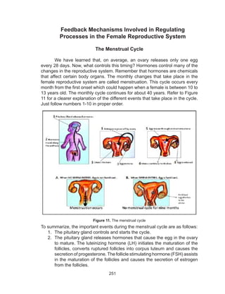 251
Feedback Mechanisms Involved in Regulating
Processes in the Female Reproductive System
The Menstrual Cycle
We have learned that, on average, an ovary releases only one egg
every 28 days. Now, what controls this timing? Hormones control many of the
changes in the reproductive system. Remember that hormones are chemicals
that affect certain body organs. The monthly changes that take place in the
female reproductive system are called menstruation. This cycle occurs every
month from the first onset which could happen when a female is between 10 to
13 years old. The monthly cycle continues for about 40 years. Refer to Figure
11 for a clearer explanation of the different events that take place in the cycle.
Just follow numbers 1-10 in proper order.
To summarize, the important events during the menstrual cycle are as follows:
1.	 The pituitary gland controls and starts the cycle.
2.	 The pituitary gland releases hormones that cause the egg in the ovary
to mature. The luteinizing hormone (LH) initiates the maturation of the
follicles, converts ruptured follicles into corpus luteum and causes the
secretion of progesterone. The follicle stimulating hormone (FSH) assists
in the maturation of the follicles and causes the secretion of estrogen
from the follicles.
Figure 11. The menstrual cycle
 