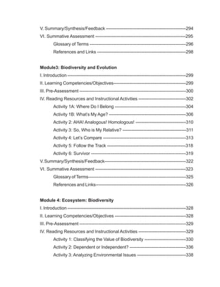 V. Summary/Synthesis/Feedback ------------------------------------------------------294
VI. Summative Assessment -------------------------------------------------------------295
	 Glossary of Terms -----------------------------------------------------------------296
	 References and Links ------------------------------------------------------------298
Module3: Biodiversity and Evolution
I. Introduction --------------------------------------------------------------------------------299
II. Learning Competencies/Objectives-------------------------------------------------299
III. Pre-Assessment ------------------------------------------------------------------------300
IV. Reading Resources and Instructional Activities --------------------------------302
	 Activity 1A: Where Do I Belong ------------------------------------------------304
	 Activity 1B: What’s My Age? ----------------------------------------------------306
	 Activity 2: AHA! Analogous! Homologous! ----------------------------------310
	 Activity 3: So, Who is My Relative? -------------------------------------------311
	 Activity 4: Let’s Compare --------------------------------------------------------313
	 Activity 5: Follow the Track -----------------------------------------------------318
	 Activity 6: Survivor ----------------------------------------------------------------319
V.Summary/Synthesis/Feedback-------------------------------------------------------322
VI. Summative Assessment -------------------------------------------------------------323
	 Glossary of Terms------------------------------------------------------------------325
	 References and Links-------------------------------------------------------------326
Module 4: Ecosystem: Biodiversity
I. Introduction --------------------------------------------------------------------------------328
II. Learning Competencies/Objectives ------------------------------------------------328
III. Pre-Assessment ------------------------------------------------------------------------329
IV. Reading Resources and Instructional Activities --------------------------------329
	 Activity 1: Classifying the Value of Biodiversity ----------------------------330
	 Activity 2: Dependent or Independent? --------------------------------------336
	 Activity 3: Analyzing Environmental Issues ---------------------------------338
 