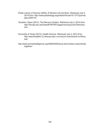 262
Public Library of Science (2004). A Window into the Brain. Retrieved July 4,
2014 from: http://www.plosbiology.org/article/info:doi/10.1371/journal.
pbio.0020115
Tamarkin, Dawn (2011). The Nervous System. Retrieved July 4, 2014 from:
http://faculty.stcc.edu/AandP/AP/AP1pages/nervssys/unit10/division.
htm
University of Texas (2012). Health Science. Retrieved July 3, 2014 from:
http://teachhealthk-12.uthscsa.edu/ curriculum/ brain/brain01e-Wires.
asp
http://www.animalintelligence.org/2006/08/04/duck-and-chicken-raise-family-
together/
 