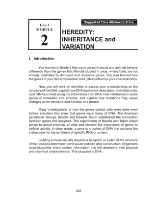 263
Suggested Time Allotment: 8 hrs.
Unit 3
Module
2
I. Introduction
	 You learned in Grade 9 that many genes in plants and animals behave
differently than the genes that Mendel studied in peas, where traits are not
entirely controlled by dominant and recessive genes. You also learned how
the genes in your deoxyribonucleic acid (DNA) influence your characteristics.
	 Now, you will work on activities to assess your understanding on the
structure of the DNA, explain how DNAreplication takes place, how ribonucleic
acid (RNA) is made using the information from DNA, how information in some
genes is translated into proteins, and explain how mutations may cause
changes in the structure and function of a protein.
	 Many investigations of how the genes control cells were done even
before scientists first knew that genes were made of DNA. The American
geneticists George Beadle and Edward Tatum established the connection
between genes and enzymes. The experiments of Beadle and Tatum linked
genes to actual products of cells and showed the importance of genes to
cellular activity. In other words, a gene is a portion of DNA that contains the
instructions for the synthesis of specific RNA or protein.
Building a house usually requires a blueprint, or a plan of the structure
of the house to determine how it would look like after construction. Organisms
have blueprints which contain information that will determine their physical
and chemical characteristics. This blueprint is DNA.
HEREDITY:
INHERITANCE and
VARIATION
Unit 3
MODULE
2
 