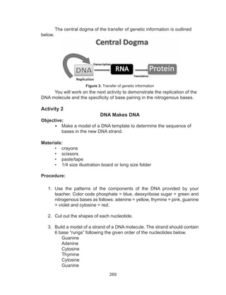 269
The central dogma of the transfer of genetic information is outlined
below.
You will work on the next activity to demonstrate the replication of the
DNA molecule and the specificity of base pairing in the nitrogenous bases.
Activity 2
DNA Makes DNA
Objective:
•	 Make a model of a DNA template to determine the sequence of
bases in the new DNA strand.
Materials:
•	 crayons
•	 scissors
•	 paste/tape
•	 1/4 size illustration board or long size folder
Procedure:
1.	 Use the patterns of the components of the DNA provided by your
teacher. Color code phosphate = blue, deoxyribose sugar = green and
nitrogenous bases as follows: adenine = yellow, thymine = pink, guanine
= violet and cytosine = red.
2.	 Cut out the shapes of each nucleotide.
3.	 Build a model of a strand of a DNA molecule. The strand should contain
6 base “rungs” following the given order of the nucleotides below.
Guanine
Adenine
Cytosine
Thymine
Cytosine
Guanine
Figure 3. Transfer of genetic information
 