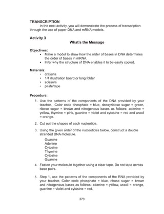 273
TRANSCRIPTION
	 In the next activity, you will demonstrate the process of transcription
through the use of paper DNA and mRNA models.
Activity 3
What’s the Message
Objectives:
•	 Make a model to show how the order of bases in DNA determines
the order of bases in mRNA.
•	 Infer why the structure of DNA enables it to be easily copied.
Materials:
•	 crayons
•	 1/4 illustration board or long folder
•	 scissors
•	 paste/tape
Procedure:
1.	 Use the patterns of the components of the DNA provided by your
teacher. Color code phosphate = blue, deoxyribose sugar = green,
ribose sugar = brown and nitrogenous bases as follows: adenine =
yellow, thymine = pink, guanine = violet and cytosine = red and uracil
= orange.
2.	 Cut out the shapes of each nucleotide.
3.	 Using the given order of the nucleotides below, construct a double
stranded DNA molecule.
Guanine
Adenine
Cytosine
Thymine
Cytosine
Guanine
4.	 Fasten your molecule together using a clear tape. Do not tape across
base pairs.
5.	 Step 1, use the patterns of the components of the RNA provided by
your teacher. Color code phosphate = blue, ribose sugar = brown
and nitrogenous bases as follows: adenine = yellow, uracil = orange,
guanine = violet and cytosine = red.
 