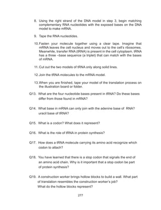 277
8.	 Using the right strand of the DNA model in step 3, begin matching
complementary RNA nucleotides with the exposed bases on the DNA
model to make mRNA.
9.	 Tape the RNA nucleotides.
10.	Fasten your molecule together using a clear tape. Imagine that
mRNA leaves the cell nucleus and moves out to the cell’s ribosomes.
Meanwhile, transfer RNA (tRNA) is present in the cell cytoplasm. tRNA
has a three –base sequence (a triplet) that can match with the bases
of mRNA.
11.	Cut out the two models of tRNA only along solid lines.
12.	Join the tRNA molecules to the mRNA model.
13.	When you are finished, tape your model of the translation process on
the illustration board or folder.
Q13. What are the four nucleotide bases present in tRNA? Do these bases
differ from those found in mRNA?
Q14. What base in mRNA can only join with the adenine base of RNA?
uracil base of tRNA?
Q15. What is a codon? What does it represent?
Q16. What is the role of tRNA in protein synthesis?
Q17. How does a tRNA molecule carrying its amino acid recognize which
codon to attach?
Q18. You have learned that there is a stop codon that signals the end of
an amino acid chain. Why is it important that a stop codon be part
of protein synthesis?
Q19. A construction worker brings hollow blocks to build a wall. What part
of translation resembles the construction worker’s job?
What do the hollow blocks represent?
 