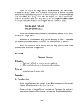 284
What will happen if a single base is deleted from a DNA strand? You
learned in Activity 3 and 4 that an mRNA corresponds to a DNA sequence
translated by ribosomes into proteins. If the new sequence with a deleted base
was transcribed, then every codon after the deleted base would be different.
Deletion or insertion of a base may change the reading frame of the codon
leading to frameshift mutation. Read again the two sentences below.
		THE DOG BIT THE CAT.
		THE DOB ITT HEC AT.
	 What was deleted? Would the result be the same if there would be an
addition of a single base?
	 Mutations in chromosomes may occur in a variety of ways. Sometimes
parts of chromosomes are broken off and lost during mitosis or meiosis.
	 Now, you will work on an activity that will help you visualize some
chromosomal mutations using models.
Activity 6
Chromie Change
Objective:
•	 Illustrate the kinds of chromosomal mutations
•	 Differentiate the kinds of chromosomal mutations
Material:
	 Modeling clay of varied color
Procedure:
A.	 Translocation
1.	 Using modeling clay make models of two (2) chromosomes. One should
have a different color and size from the other.
2.	 Break one part of each of the chromosomes. Exchange the parts and
attach them to each of the other chromosomes. See illustration below.
 