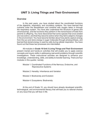 224
UNIT 3: Living Things and Their Environment
Overview
In the past years, you have studied about the coordinated functions
of the digestive, respiratory, and circulatory systems. You have learned that
nutrients enter the bloodstream and combine with oxygen taken in through
the respiratory system. You have also understood the structure of genes and
chromosomes, and the functions they perform in the transmission of traits from
parents to offspring. You have discovered that some species that once existed
are now extinct, and that they become extinct when they fail to adapt to changes
in the environment. You have become familiar about how plants capture energy
from the sun and store energy in sugar molecules through photosynthesis, and
learned that stored energy is used by cells during cellular respiration. You have
found out that these two processes are interrelated.
All modules in Grade 10 Unit 3 Living Things and Their Environment
present mental and hands-on activities that will enable you to apply science
concepts and inquiry skills in addressing real-world problems through scientific
investigations. These instructional activities are designed to enhance your
knowledge, understanding, skills, and ability to transfer learning. There are four
modules in this quarter, namely:
Module 1: Coordinated Functions of the Nervous, Endocrine, and
	 Reproductive Systems
Module 2: Heredity: Inheritance and Variation
Module 3: Biodiversity and Evolution
Module 4: Ecosystems: Biodiversity
At the end of Grade 10, you should have already developed scientific,
technological, and environmental literacy that will lead you to rational choices
on any issue that you will face in life.
 