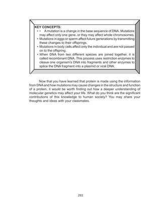 293
KEY CONCEPTS:
•	 •	 A mutation is a change in the base sequence of DNA. Mutations
may affect only one gene, or they may affect whole chromosomes.
•	 Mutations in eggs or sperm affect future generations by transmitting
these changes to their offsprings.
•	 Mutations in body cells affect only the individual and are not passed
on to the offspring.
•	When DNA from two different species are joined together, it is
called recombinant DNA. This process uses restriction enzymes to
cleave one organism’s DNA into fragments and other enzymes to
splice the DNA fragment into a plasmid or viral DNA.
Now that you have learned that protein is made using the information
from DNAand how mutations may cause changes in the structure and function
of a protein, it would be worth finding out how a deeper understanding of
molecular genetics may affect your life. What do you think are the significant
contributions of this knowledge to human society? You may share your
thoughts and ideas with your classmates.
 