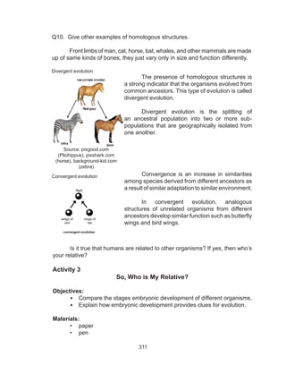 311
Q10. Give other examples of homologous structures.
	 Front limbs of man, cat, horse, bat, whales, and other mammals are made
up of same kinds of bones, they just vary only in size and function differently.
	 The presence of homologous structures is
a strong indicator that the organisms evolved from
common ancestors. This type of evolution is called
divergent evolution.
	 Divergent evolution is the splitting of
an ancestral population into two or more sub-
populations that are geographically isolated from
one another.
	 Convergence is an increase in similarities
among species derived from different ancestors as
a result of similar adaptation to similar environment.
	 In convergent evolution, analogous
structures of unrelated organisms from different
ancestors develop similar function such as butterfly
wings and bird wings.
Is it true that humans are related to other organisms? If yes, then who’s
your relative?
Activity 3
So, Who is My Relative?
Objectives:
•	 Compare the stages embryonic development of different organisms.
•	 Explain how embryonic development provides clues for evolution.
Materials:
•	 paper
•	 pen
Divergent evolution
Convergent evolution
Source: pixgood.com
(Pliohippus), pixshark.com
(horse), background-kid.com
(zebra)
 