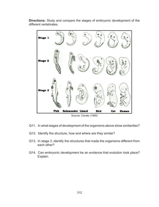 312
Directions: Study and compare the stages of embryonic development of the
different vertebrates.
Source: Carale (1989)
Q11. In what stages of development of the organisms above show similarities?
Q12. Identify the structure, how and where are they similar?	
Q13. In stage 3, identify the structures that made the organisms different from
each other?
Q14. Can embryonic development be an evidence that evolution took place?
Explain.
 
