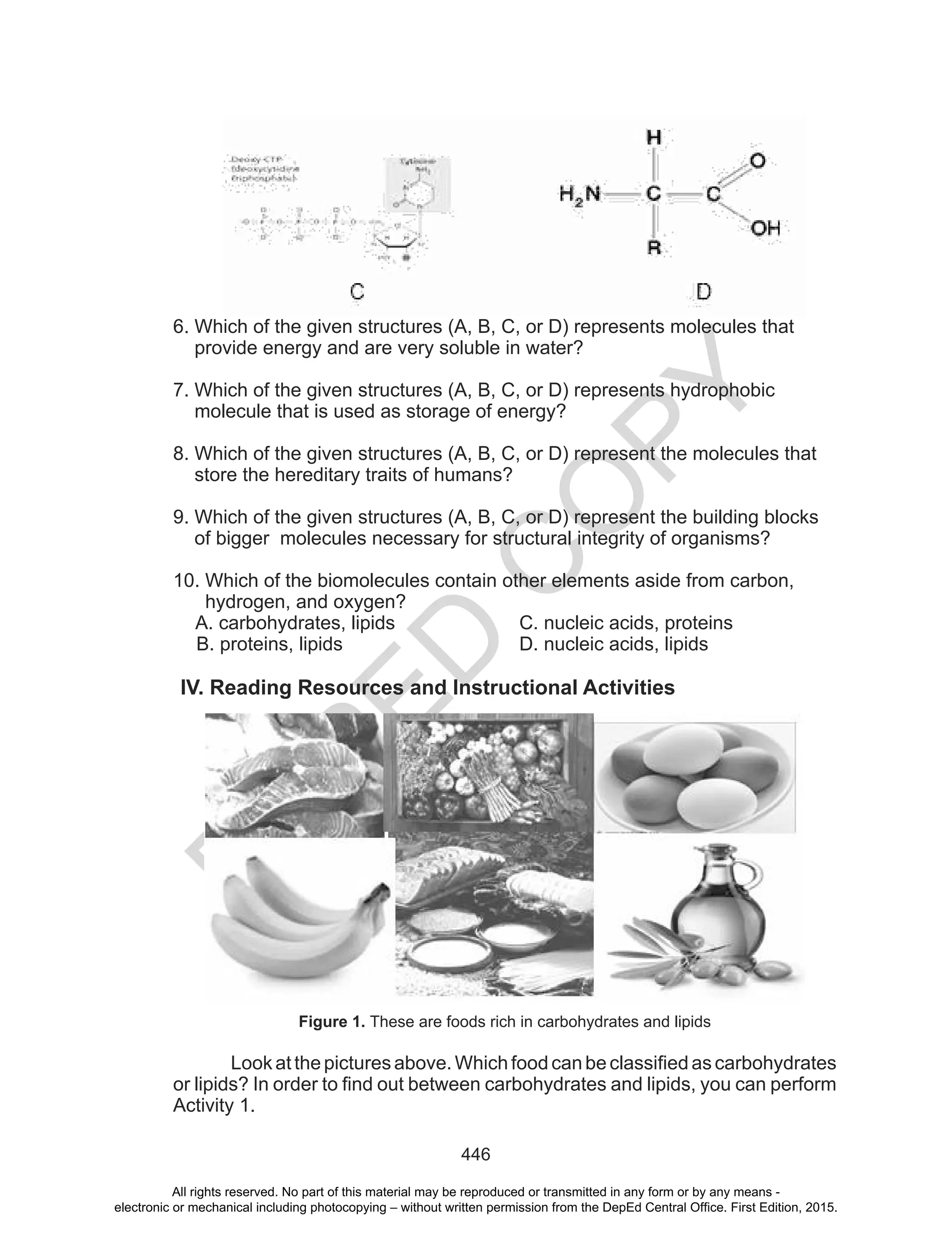 D
EPED
C
O
PY
446
6. Which of the given structures (A, B, C, or D) represents molecules that
provide energy and are very soluble in water?
7. Which of the given structures (A, B, C, or D) represents hydrophobic
molecule that is used as storage of energy?
8. Which of the given structures (A, B, C, or D) represent the molecules that
store the hereditary traits of humans?
9. Which of the given structures (A, B, C, or D) represent the building blocks
of bigger molecules necessary for structural integrity of organisms?
10. Which of the biomolecules contain other elements aside from carbon,
hydrogen, and oxygen?
A. carbohydrates, lipids C. nucleic acids, proteins
B. proteins, lipids D. nucleic acids, lipids
IV. Reading Resources and Instructional Activities
Figure 1. These are foods rich in carbohydrates and lipids
Lookatthepicturesabove.Whichfoodcanbeclassified ascarbohydrates
or lipids? In order to find out between carbohydrates and lipids, you can perform
Activity 1.
All rights reserved. No part of this material may be reproduced or transmitted in any form or by any means -
electronic or mechanical including photocopying – without written permission from the DepEd Central Office. First Edition, 2015.
 